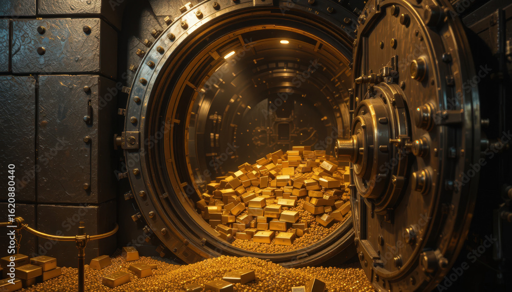 Fototapeta premium Gold vault opening secure bank location 3d render underground environment close-up view wealth and security concept