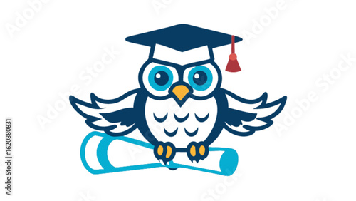 Illustration of an owl wearing a graduation cap and holding a diploma, symbolizing education, wisdom, and academic achievement isolated on white background