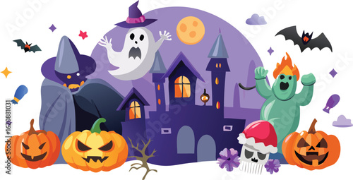 Scary Halloween vector illustration set with pumpkins, bats, ghosts, and a haunted house silhouette under a spooky moon