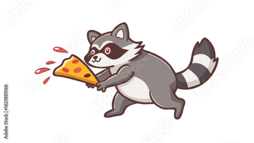 Cartoon raccoon running with a slice of pizza isolated on white background, a funny and cute illustration of a hungry animal enjoying its favorite fast food