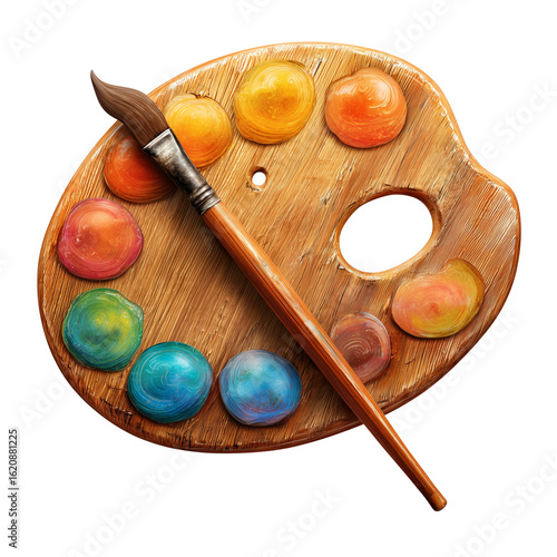 Wooden artist palette with colorful paint blobs and brush isolated on transparent background