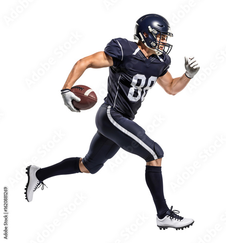 American football player in dark uniform sprinting with intense motion