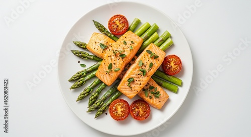 Grilled Salmon Fillets with Green Asparagus and Roasted Cherry Tomatoes