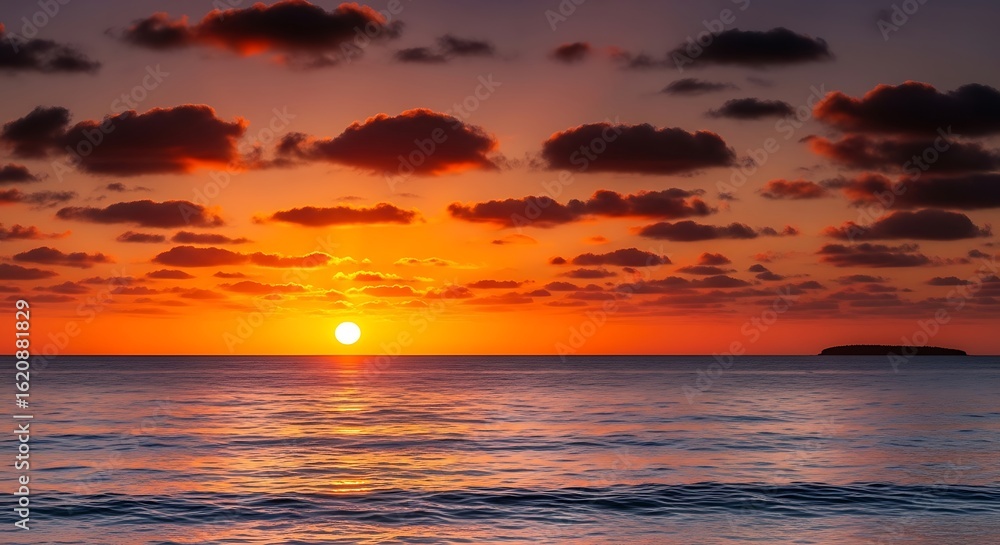 Fototapeta premium A radiant sun dips into the tranquil sea painting the sky with fiery hues a moment of serenity in