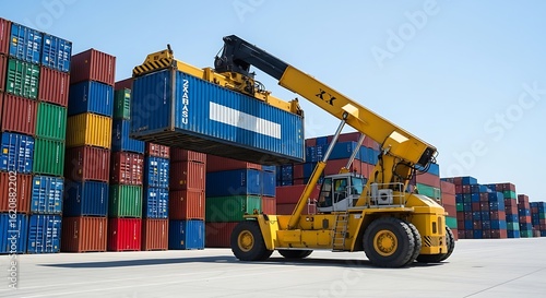 Modern logistics A yellow reach stacker lifts a blue shipping container with stacks and a clear blue