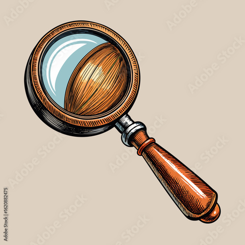 Magnifying glass examining a textured almond nut with a wooden handle