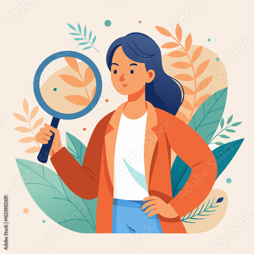 Woman with magnifying glass examining plant life amidst botanical elements