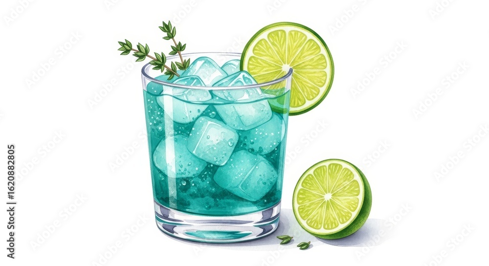 Fototapeta premium Refreshing Blue Lime Cocktail - A vibrant blue cocktail garnished with lime wedges and thyme, perfect for a summer day. Icy and refreshing