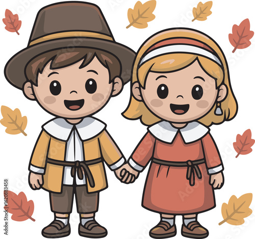 Cute Cartoon Pilgrims Holding Hands Vector Illustration for Autumn Harvest Themes