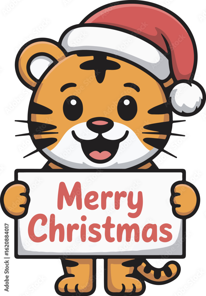 Obraz premium Cute Tiger with Santa Hat Holding Merry Holiday Sign Vector Graphic for Seasonal Designs