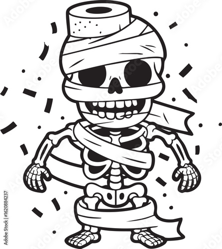 Cartoon Skeleton Mummy with Toilet Paper Bandages Vector Art