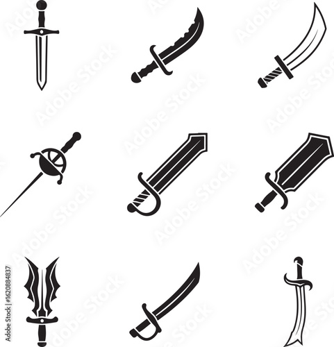 Assortment of nine stylized black icons of historical and fantasy swords daggers and sabers
