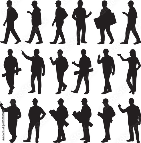 Collection of black silhouettes of construction workers and engineers with hard hats walking pointing and holding blueprints