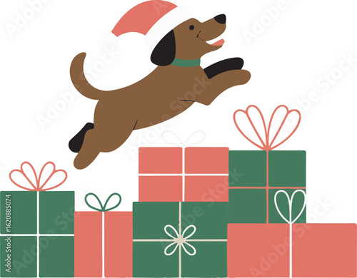 Joyful Brown Dog Leaping Over Stacked Presents with a Santa Hat in a Festive Scene