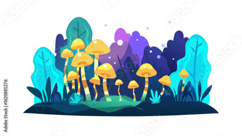 Illustration of colorful mushrooms growing in a forest, showcasing a variety of fungi species with vibrant caps and stems, surrounded by lush foliage and a magical atmosphere isolated on white backgro