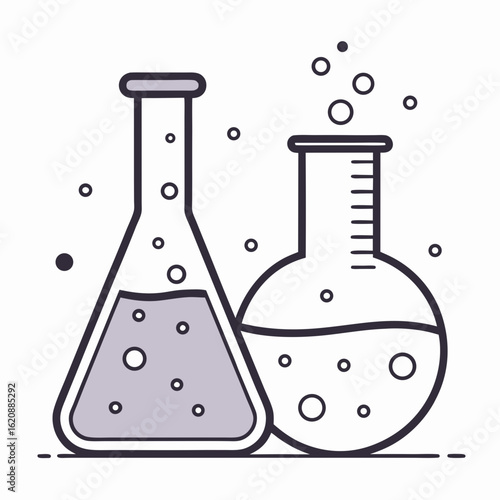 Two chemistry flasks bubbling with liquid and bubbles in a scientific illustration