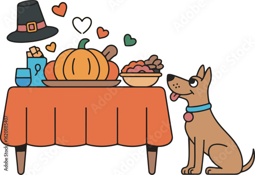 Autumn Feast with Canine Companion Awaiting Treats, Harvest Table Scene with Pet Anticipation