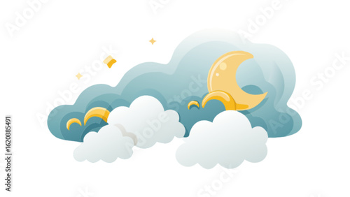 Illustration of clouds and moon isolated on white background, a dreamy and celestial design perfect for posters, cards, or textile prints with a fantasy aesthetic