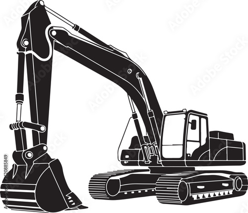 Monochrome graphic illustration of a heavyduty crawler excavator with a large bucket