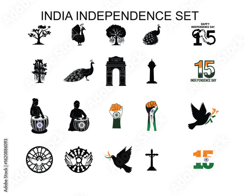 Set of Indian Independence Day celebration icons, silhouette style cultural vector collection