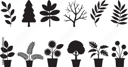 Set of black plant silhouettes including potted flowers trees and leafy branches in a flat graphic style