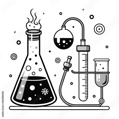 Abstract scientific experiment with bubbling flasks and test tubes in a laboratory setting