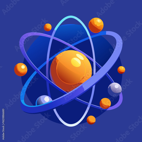 Stylized atomic structure with orbiting electrons and a central nucleus