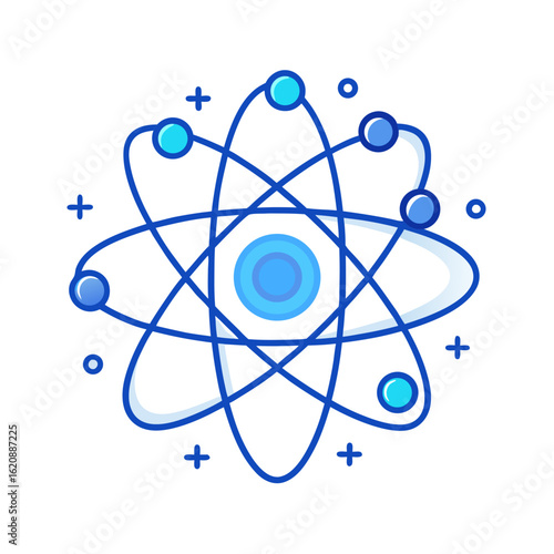 Stylized blue atom model with orbiting electrons and plus signs