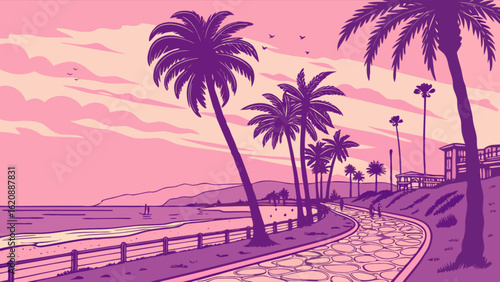 A picturesque beach scene unfolds with palm trees swaying gently in the breeze, the ocean stretching out to the horizon, and a tranquil path inviting a leisurely stroll along the coast