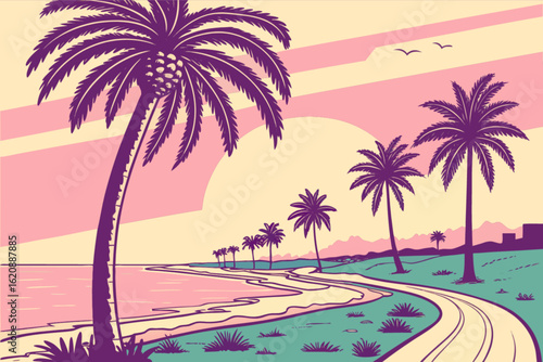 A serene coastal vista showcases a row of palm trees lining a winding path along the beach, with the ocean meeting the sky at the horizon, evoking a sense of tropical tranquility