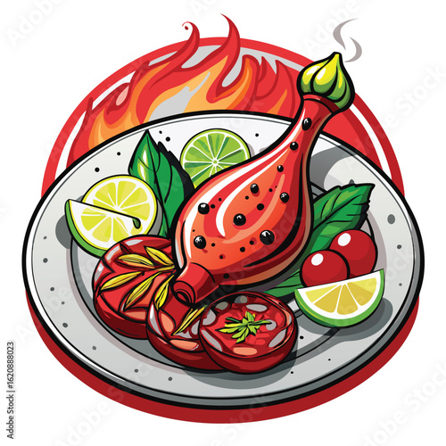 Tandoori Chicken Leg on Plate Vector on white background