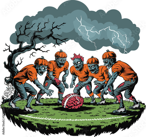 Zombie Football Team Playing with Brain Ball Illustration