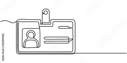 Continuous line drawing badges id cards holders isolated on white background. Vector illustration, man shows her badge, which hangs around his neck - one line drawing. concept correspondent