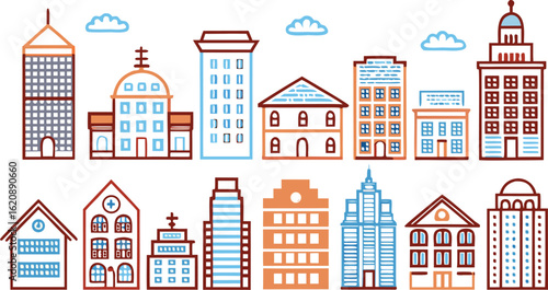 Collection of diverse city buildings and architecture urban skyline