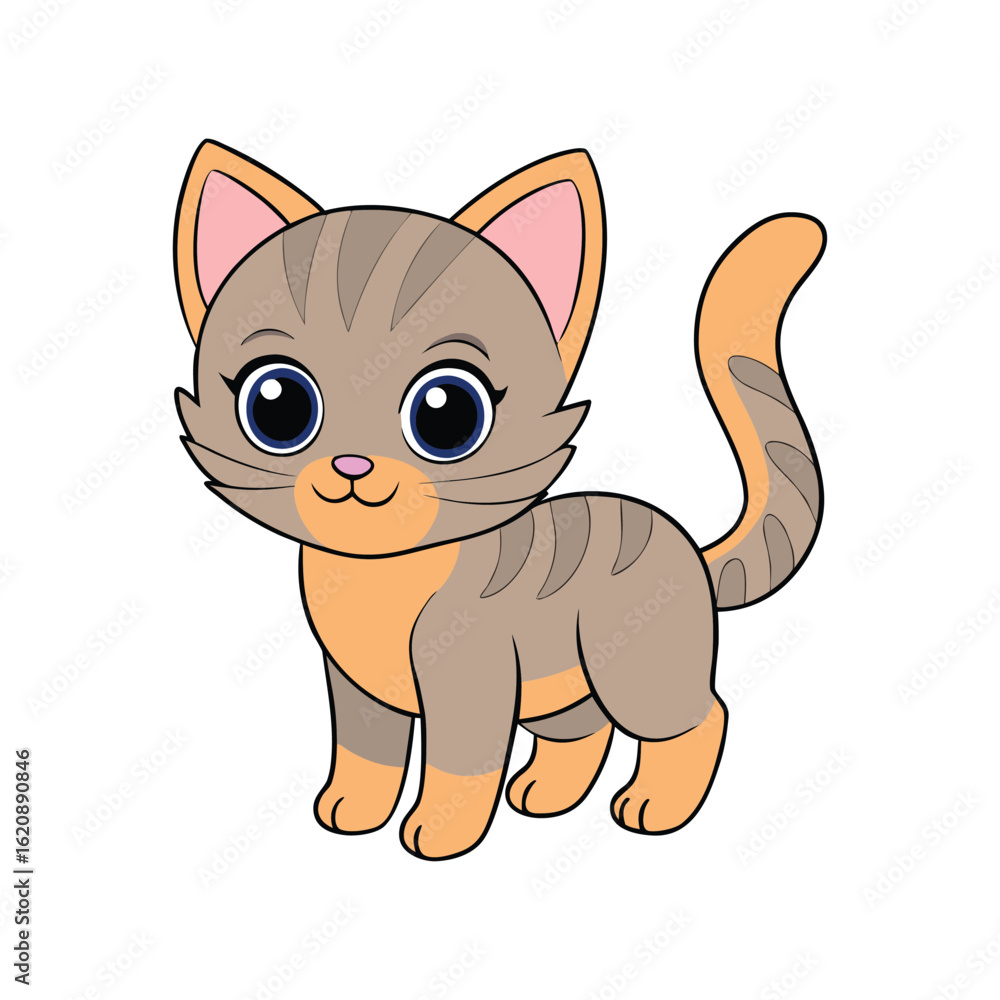 Obraz premium Cute cartoon tabby kitten with big blue eyes animal