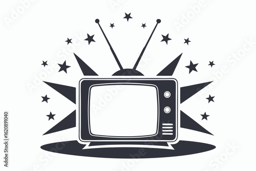 A retro cartoon television set with an antenna is broadcasting a vintage movie on its screen