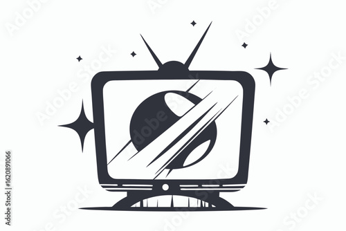 A retro cartoon television set with an antenna is broadcasting a vintage movie on its screen