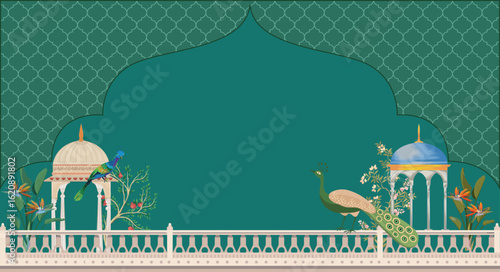 Traditional Mughal garden arch, peacock palace illustration frame for wedding invitation