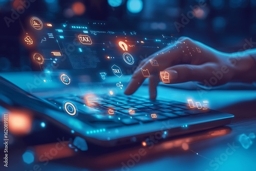 Online tax filing digital technology laptop keyboard hand business finance