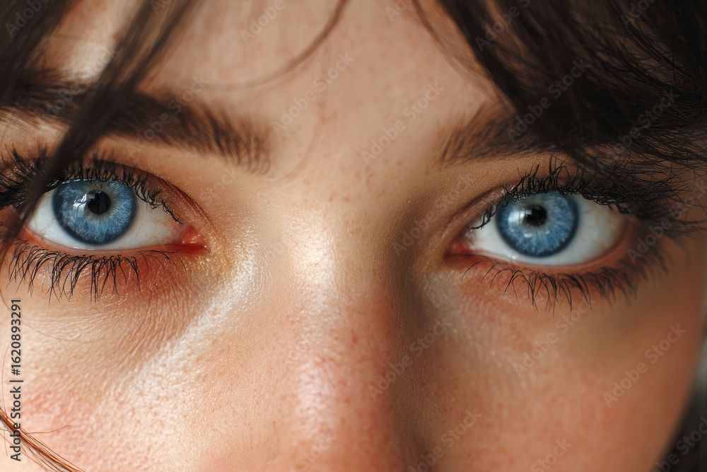 Obraz premium Extreme macro close-up portrait of face. Young adult beautiful pretty woman's eyes looking at camera. Blue eyes of teen girl female. Caucasian woman wide opening eyes, smiling. Laser correction