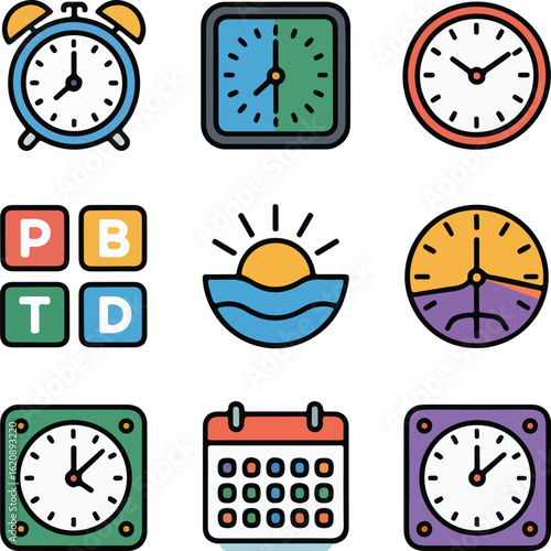 Collection of timekeeping icons and calendar clock