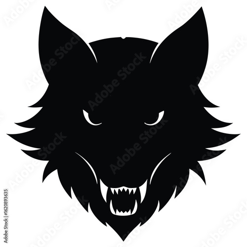 Fierce black wolf head snarling white
