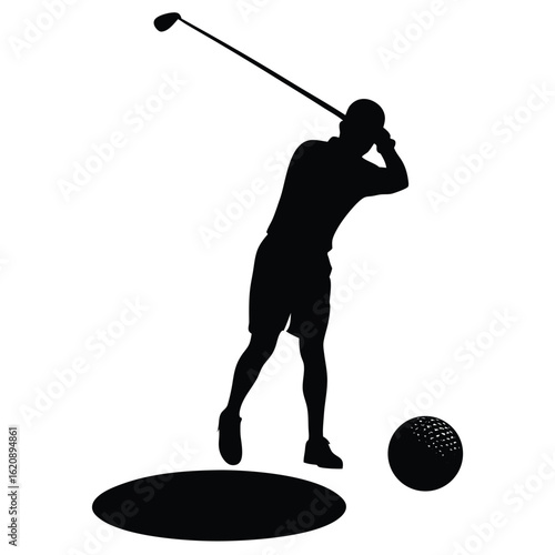 Golfer swinging club hitting ball sports