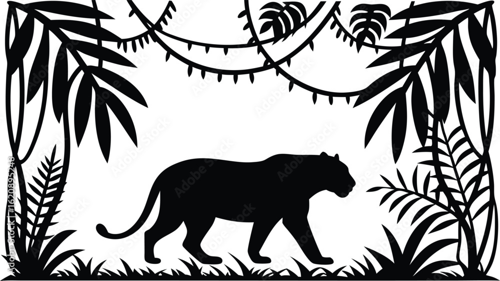 Obraz premium Silhouette of a panther walking through a lush tropical jungle scene with detailed leaves and vines in black and white