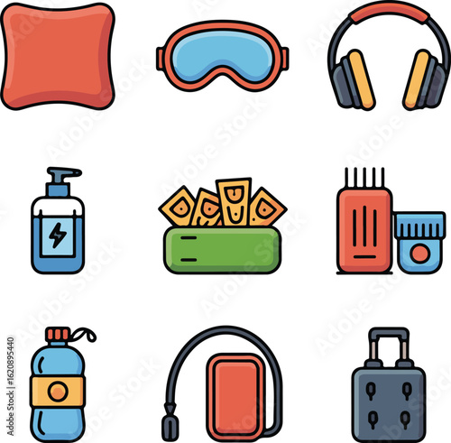 Collection of travel and sports accessories icons pillow