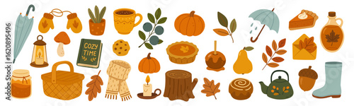 Cozy autumn clipart set with pumpkin pie, cinnamon bun, warm mug, candle, apple, scarf, boots, umbrella, book, pastry, foliage, seasonal decor, warm colors, flat illustrations, cute fall elements