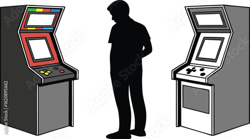 Vector illustration of a person silhouetted contemplating classic arcade game machines with retro gaming aesthetics and arcade culture references