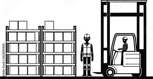 Warehouse operations illustration featuring shelves forklift and safety icons concept of storage distribution and logistics
