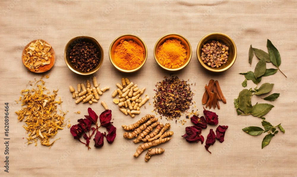 Fototapeta premium Aromatic spices scattered across neutral linen, golden bowls holding turmeric, peppercorn, cinnamon, dried flowers, curry leaves in rich textural display