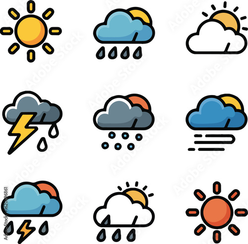 Weather icons set sun rain lightning clouds forecast